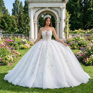 Robe de mariée élégante en tulle avec appliques naturelles, décolleté cœur, longueur ras du sol, traîne chapelle, style corset, idéale pour les fêtes estivales (Dy1544) - Product Image 1