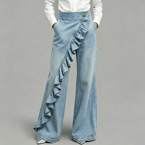 OEM ODM Women High Waist Wide Leg Jeans <b>Light</b> Blue Ruffle Detail Denim Pants Casual Loose <b>Trousers</b> Custom Logo - Product Image 2