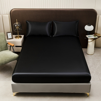 Ensemble de draps plats et ajustés en satin 100% polyester noir et gris brillant de Nantong, 4 pièces