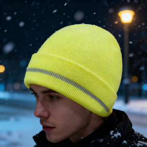 Vente en gros de bonnet personnalisé solide bonnet tricoté en acrylique bonnet d'hiver bonnets réfléchissants fluorescents avec bande réfléchissante - Product Image 3