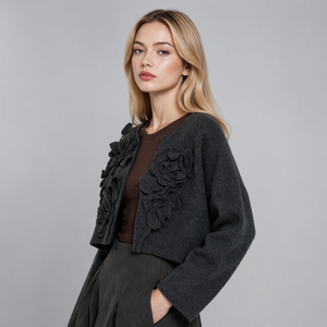 <strong>Women's</strong> Knitted <strong>Jacket</strong> Original Design <strong>Boiled</strong> <strong>Wool</strong> Cardigan, Hand Cut Floral Embossed Pure <strong>Wool</strong> Knitwear - Product Image 3