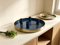 Plateau rond en métal pour bougies avec 4 coupelles à bougies, plateau bleu foncé et bord doré, candélabre décoratif pour table