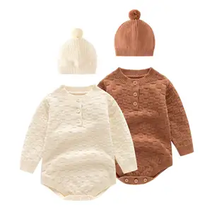 Mameluco de invierno de punto de algodón orgánico grueso para bebé, mono de bebé de manga larga de punto cálido, traje de gateo para bebé con sombrero