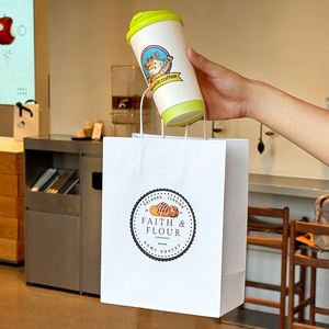 Custom White Kraft <b>Paper</b> Bakery Bags <b>Biodegradable</b> Dessert Takeout Packaging Bag with Handle - Product Image 1