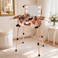 Espejo de Maquillaje Profesional con Iluminación LED, Portátil, con Ruedas, 4 Patas Telescópicas, Atenuador Táctil, 4 Niveles, Color Oro Rosa CF