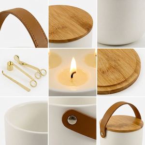 Custom Logo White High Quality Cylindrical Ceramic <b>Candle</b> Jar Bamboo Lid Leather Handle <b>Bulk</b> Wholesale for <b>Candle</b> Making Home - Product Image 3