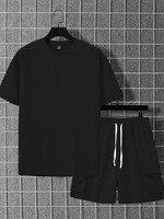 Conjunto de camiseta y pantalones cortos de algodón negro para hombre, cuello redondo, manga corta, color sólido, transpirable.