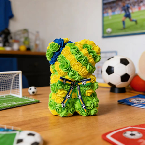 Ours en roses artificielles du Brésil, roses artificielles vertes, jaunes et bleues, ours en peluche avec ruban de football pour les fans de football, vente en gros - Product Image 2