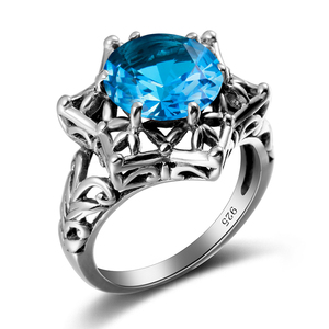 Bán Sỉ Trang Sức Nhẫn Nữ Cổ Điển Nhẫn Hình Ngôi Sao Sáu Cánh Hình Lục Giác Đá Tròn Màu Xanh Dương Sterling SIlver - Product Image 1