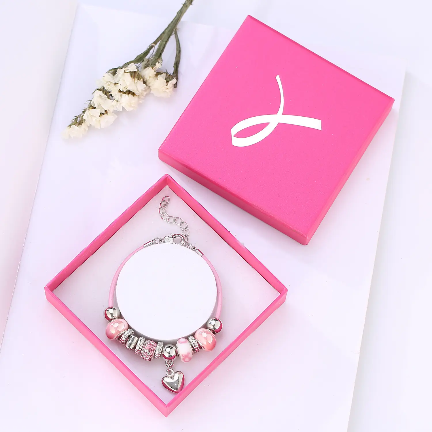 Fashion Jewelry 2023 Charity Public Good Product Pink Ribbon Breast Cancer Awareness Bracelet for Women Girls with Free Gift Box