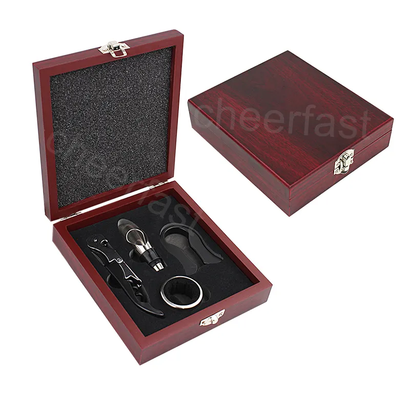 Factory Wholesale 4pcs Accessories Red Wine Bottle Corkscrew Kit In Wooden Box Gift Set Bar Tools Wine Accessories Set
