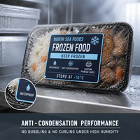 Étiquettes personnalisées anti-condensation avec code-barres - Autocollants adhésifs étanches à l'huile pour sachets de repas surgelés prêts à consommer (-18°C) et aliments pré-cuits