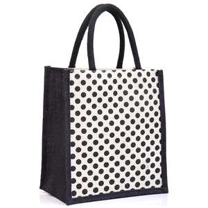 Bolsa de Mano de Lino y Yute con Estampado de Lunares, Base Estructurada, Reutilizable, para Compras, Almuerzo y Viajes - Product Image 5