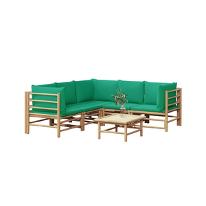 Ensemble de salon de jardin en bambou avec coussins verts, 6 places, mobilier d'extérieur au design élégant, résistant aux intempéries - Product Image 1