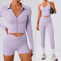 Pantalones cortos deportivos con aros y efecto moldeador de abdomen, shorts de fitness para correr, sujetador deportivo con cuello envolvente, conjunto de yoga.