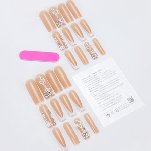 Ongles à presser style européen et américain, 24 pièces, longs, forme cercueil, <span class=keywords><strong>rose</strong></span> nude, French manucure <span class=keywords><strong>avec</strong></span> <span class=keywords><strong>strass</strong></span> papillon – Vente chaude - Product Image 3