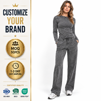 Ensemble deux pièces pour femme, t-shirt à manches longues et pantalon, coupe classique ajustée, en coton délavé à l'acide, effet vieilli vintage, personnalisé par le fabricant