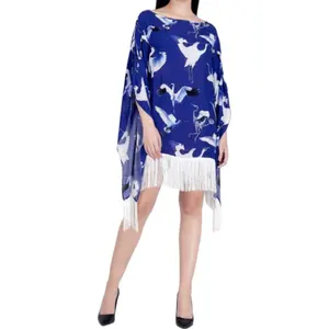 Custom Boat Neck Flamingo Print Navy Blue White Fringe Hem Casual Dresses Floral Print Tunic Design Beach Summer Dresses