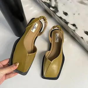 Wholesale 2024 casual square toe flat sole square heel women's shoes designer PU leather close toe women sandals