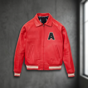 Men's Red PU Leather Varsity <b>Jacket</b> Stand Zipper Closure Front Letter Patch Casual Style Autumn Regular Fit Breathable Anti-UV - Product Image 3