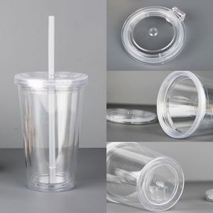 Wholesale 12oz 16oz 22oz 24oz BPA Free <b>Double</b> <b>Wall</b> Acrylic Clear Juice Water Tumbler Tea Plastic Coffee Mug with Straw and Lids - Product Image 3