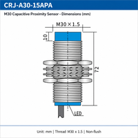 Capteur de Proximité Capacitif CRJ-A30-15APA M30 DC 3 Fils 15mm PNP NO Non Encastré CR30-15DP pour Eau, Plastique, Bois, Poudre, Pierre, Métal