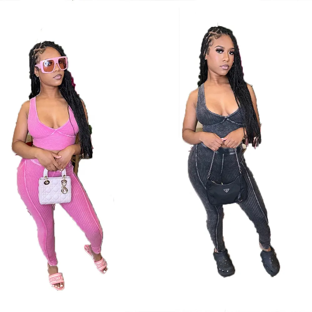 KY Acid Wash Leggings V-Cut Set Sexy Pink Club Outfit Coords Set für Frauen