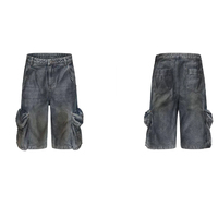 Denim en détresse lavé à l'eau robuste jambe droite femmes cinq paquets taille haute style décontracté avec poches amples pour l'été
