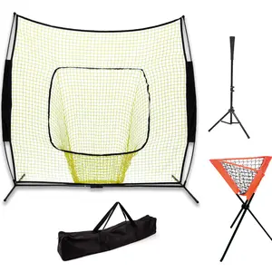 Portable 7FT Baseball Net Softball Pitching Training Net With Strike Zone and Baseball Caddy Batting Tee