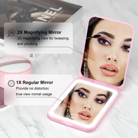 Miroir de maquillage portable à double face avec lumières LED pliables, petit et compact, personnalisé, pour cadeau, table de toilette, poche, 2X
