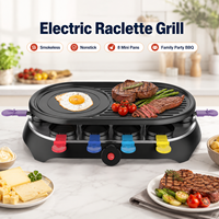 Multifunktionaler Rauchfreier Elektrischer Raclette-Grill Antihaft-Grillplatte Mit 8 Mini-Pfannen und Spateln für Familienfeiern und BBQ