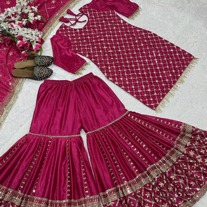 Conjunto de Lujo al por Mayor: Top de Seda Chiffon, Sharara, Palazzo y Dupatta con Bordado Pesado de Lentejuelas, Estilo Pakistaní, Ropa Festiva para Mujer - Product Image 4