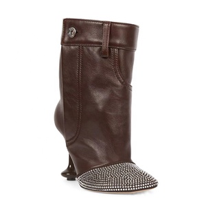 Strange Custom Heels Women's Button Short Boots Square Toe Diamonds Patchwork Ankle Booties Stage Designer Wide Top <b>Shoes</b> - Product Image 3