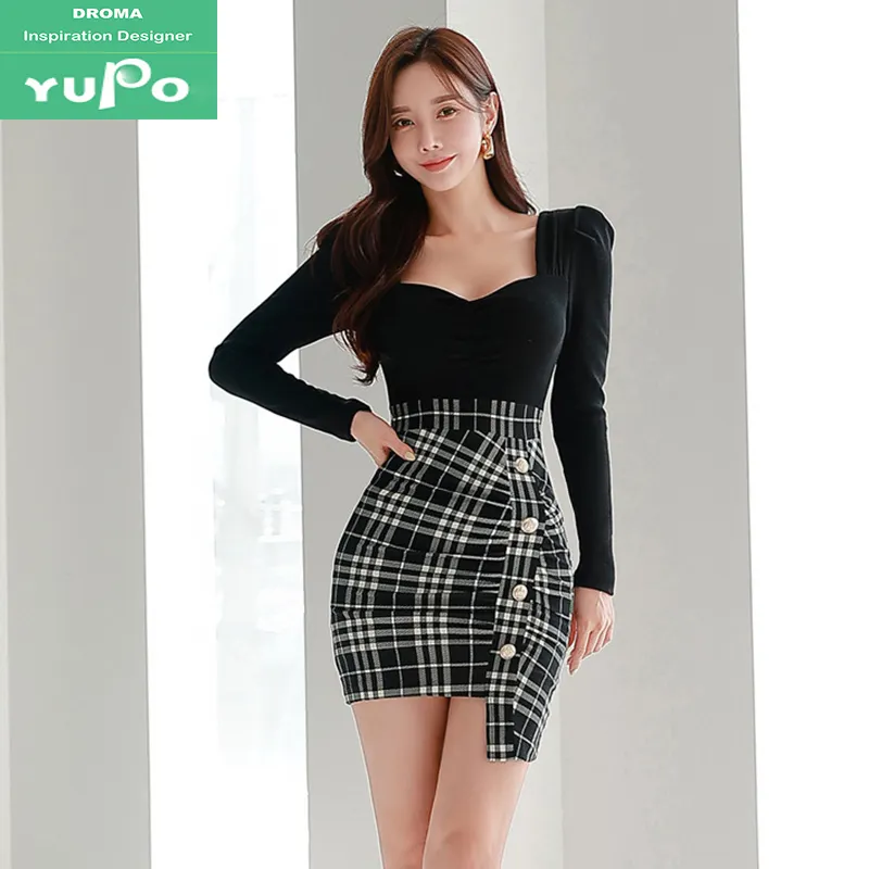 Droma 2024 new square collar plaid patchwork slimming dress korean sexy mature girl mini dress ladies fashion dresses