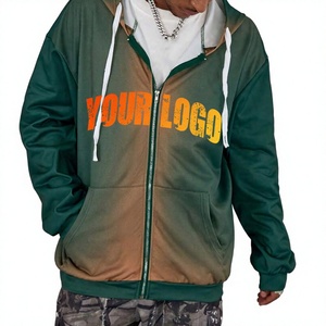 Sudadera con Capucha y Cremallera para Hombre, Verde Degradado, Corte Holgado, Bordado 3D Frontal, Estilo Urbano Ecológico, Ropa de Otoño - Product Image 4