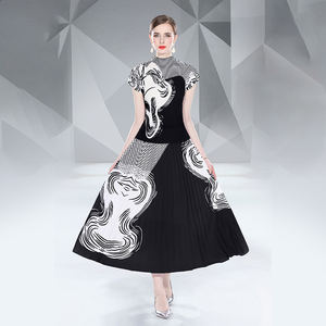 高品质批发时尚两件套短袖褶皱梭织雪纺百褶裙自然腰线可水洗女式连衣裙 - Product Image 1