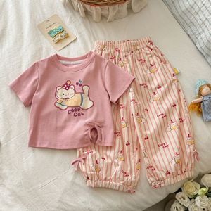 TongXingYuan Girls Summer Outfit Set Pink Cotton T-Shirt Striped Pants Cute Cat Print Two Piece Set - Product Image 2