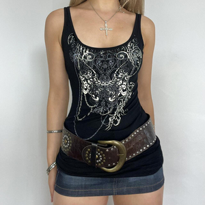 Women's Black Graphic Tank <b>Top</b> Streetwear Style Color-Blocked Chain Print Square Neck Sleeveless <b>Top</b> for Daily Casual Wear - Product Image 1