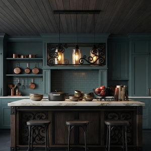 Suspension linéaire à 3 lumières en métal noir mat avec motifs ajourés élégants pour îlot de cuisine - Product Image 1