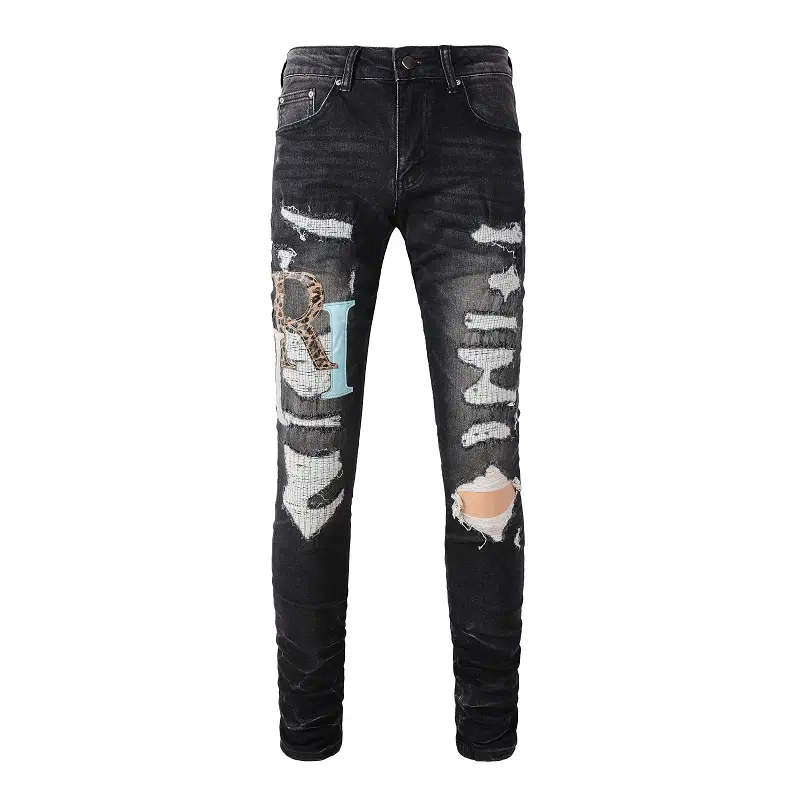 Benutzer definierte Distressed Enzyme Wash Stone washed Streetwear Hip Hop männlich Ripped Slim Fit Stacked Denim Men Skinny Jeans