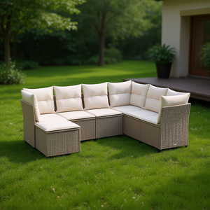 Ensemble de canapés de jardin modulaires beige en polyrotin avec structure en acier, mobilier d'extérieur moderne, canapé sectionnel de jardin 7 places - Product Image 2