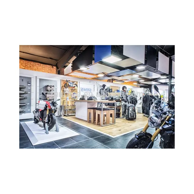 Showroom de design de marca de moto com moto de madeira carrinho de exposição