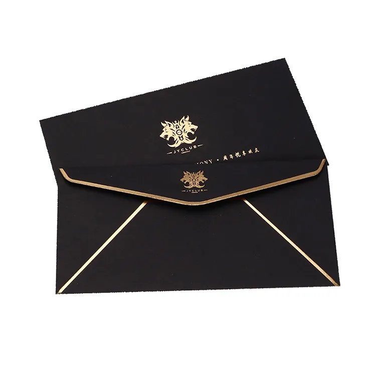 Custom Zwart Karton Gerecycled Envelop Hotel Key Card Enveloppen Met Gouden Folie Logo Brief Premium Envelop Papier Kraft