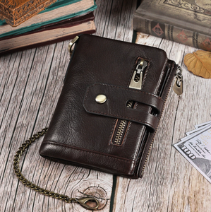 Portefeuille unisexe vintage à double rabat avec chaîne, en cuir véritable, blocage RFID, double fermeture éclair, pochette à monnaie, antivol, court, en polyester - Product Image 3