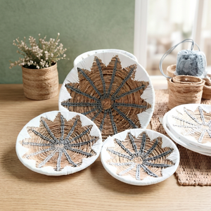 Ensemble de paniers muraux tressés du sud-ouest avec motifs mandala blancs faits à la main, en jonc de mer écologique Tya Loka Wood Soul, parfait pour - Product Image 2