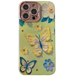 all-inclusive lens phone case with rhinestone oil painting butterfly fall-proof for iPhone15 14 13 12 11promax
