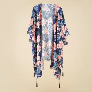 सेक्सी महिलाओं Kimonos पुष्प प्रिंट खुला सामने शिफॉन समुद्र तट ड्रेस बिकनी कवर अप