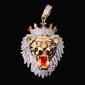 Hiphop Bling Người Đàn Ông 10K 14K Iced Vàng Mặt Dây Chuyền 925 Sterling Bạc Moissanite Lion Vua Vòng Cổ Mặt Dây Chuyền Với Chuỗi