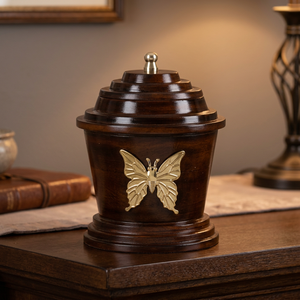 Wooden Cremation Urn With Brass Butterfly Decor Threaded Lid Handmade Tabletop Ashes <b>Memorial</b> <b>Keepsake</b> - Product Image 2