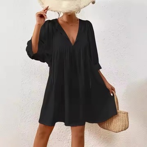 Nouvelle Robe Chic Bohème d'Été 2025 pour Femme, Col en V, Taille XL, en Mousseline, Élégante et Décontractée, Manches Lanterne Amples, Couleur Unie, Tendance - Product Image 5